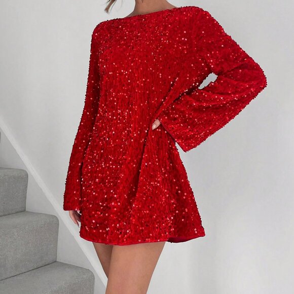Dresses & Skirts - Red Party Women's Sequin Embellished Round Neck Long Sleeve Mini Dress